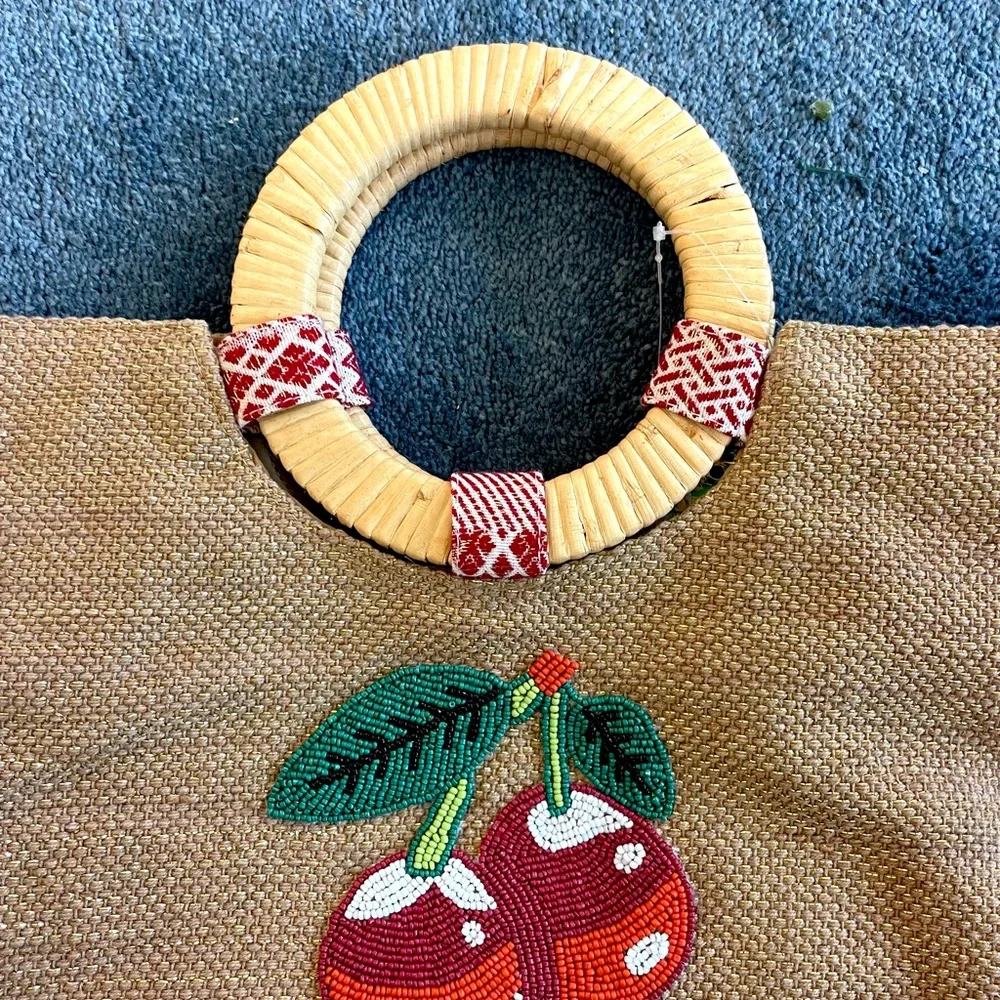 Chic Cherry Beaded Tote Bag with Bamboo Handles and Crossbody Strap